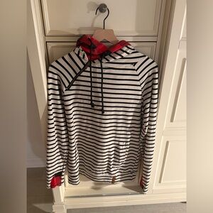 AMPERSAND AVE Black and White Striped Hoodie with Red Accents